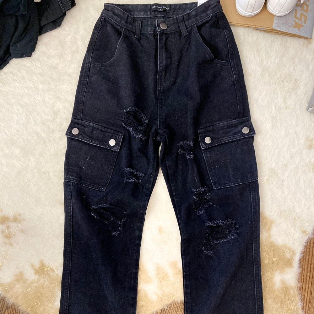 PLT Ripped Black Denim Cargo Pant